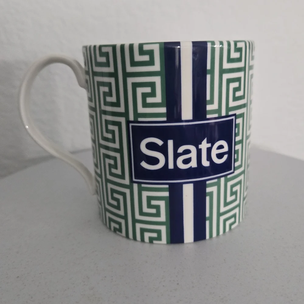 Jonathan Adler Slate Greek Key Pattern and Racing Stripe Coffee Mug Tea Cup